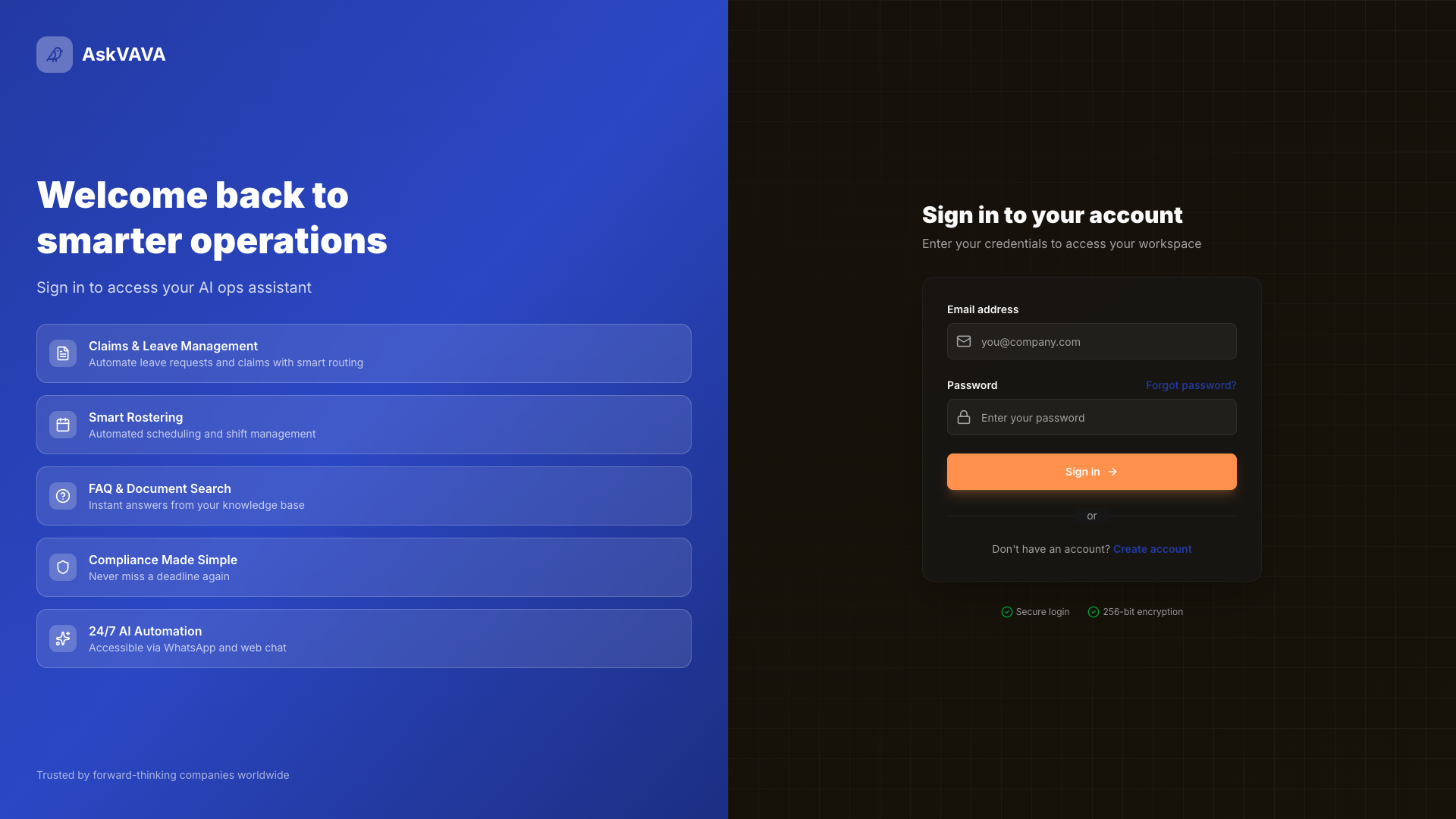 AskVAVA Platform Login — Claims, Rostering, FAQ, Compliance, AI Automation